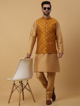 Kraft India - Men Gold Toned Kurta & Churidar with Jacquard Red Nehru Jacket (Set of 3)