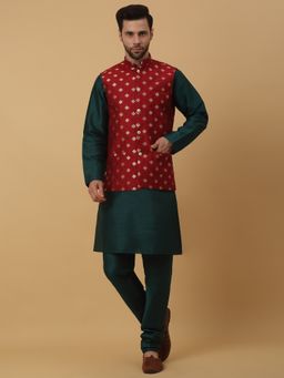 Kraft India - Men Green Toned Kurta & Churidar with Jacquard Red Nehru Jacket (Set of 3)