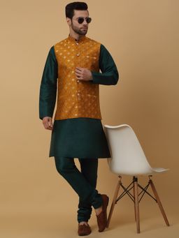 Kraft India - Men Green Toned Kurta & Churidar with Jacquard Yellow Nehru Jacket (Set of 3)