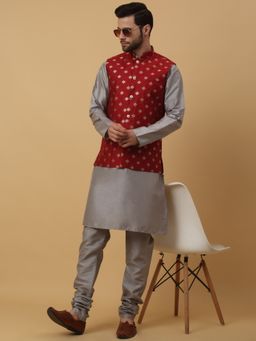 Kraft India - Men Grey Kurta & Churidar with Jacquard Red Nehru Jacket (Set of 3)