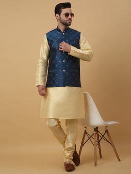 Kraft India - Men Beige Kurta & Churidar with Jacquard Blue Nehru Jacket (Set of 3)