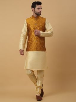 Kraft India - Men Beige Kurta & Churidar with Jacquard Mustard Nehru Jacket (Set of 3)