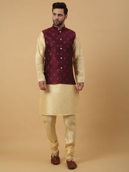 Kraft India - Men Beige Kurta & Churidar with Jacquard Maroon Nehru Jacket (Set of 3)