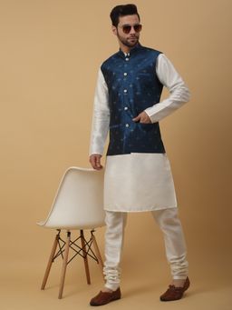 Kraft India - Men Cream Kurta & Churidar with Jacquard Blue Nehru Jacket (Set of 3)