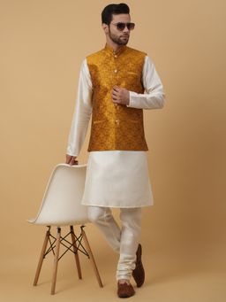 Kraft India - Men Cream Kurta & Churidar with Jacquard Mustard Nehru Jacket (Set of 3)