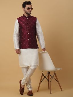 Kraft India - Men Cream Kurta & Churidar with Jacquard Maroon Nehru Jacket (Set of 3)
