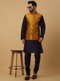 Kraft India - Men Navy Blue Kurta & Churidar with Jacquard Mustard Nehru Jacket (Set of 3)