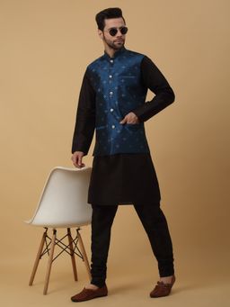 Kraft India - Men Black Kurta & Churidar with Jacquard Blue Nehru Jacket (Set of 3)