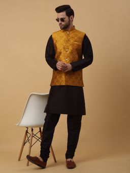Kraft India - Men Black Kurta & Churidar with Jacquard Mustard Nehru Jacket (Set of 3)