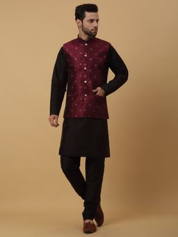 Kraft India - Men Black Kurta & Churidar with Jacquard Maroon Nehru Jacket (Set of 3)