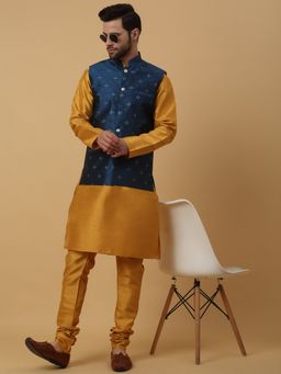 Kraft India - Men Mustard Kurta & Churidar with Jacquard Blue Nehru Jacket (Set of 3)