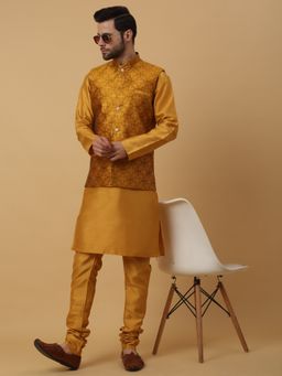 Kraft India - Men Mustard Kurta & Churidar with Jacquard Mustard Nehru Jacket (Set of 3)