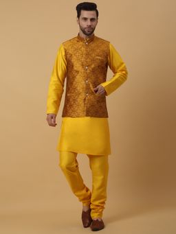 Kraft India - Men Yellow Kurta & Churidar with Jacquard Maroon Nehru Jacket (Set of 3)