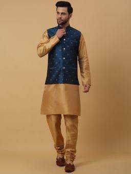Kraft India - Men Gold Toned Kurta & Churidar with Jacquard Blue Nehru Jacket (Set of 3)