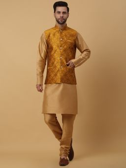 Kraft India - Men Gold Toned Kurta & Churidar with Jacquard Mustard Nehru Jacket (Set of 3)