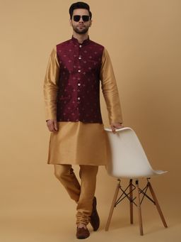 Kraft India - Men Gold Toned Kurta & Churidar with Jacquard Maroon Nehru Jacket (Set of 3)