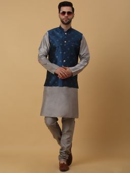 Kraft India - Men Grey Kurta & Churidar with Jacquard Blue Nehru Jacket (Set of 3)