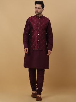 Kraft India - Men Purple Kurta & Churidar with Jacquard Maroon Nehru Jacket (Set of 3)