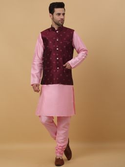 Kraft India - Men Pink Kurta & Churidar with Jacquard Maroon Nehru Jacket (Set of 3)