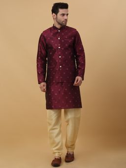 Kraft India - Men Sequenced Maroon Kurta & Churidar with Maroon Nehru Jacket (Set of 3)