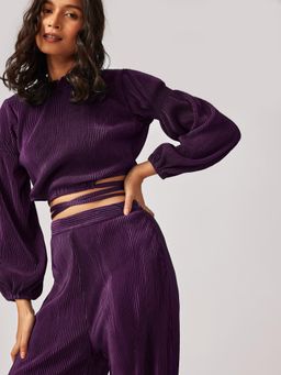 The Label Life - Plum Pleated Tie-Up Crop Top