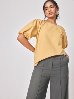 The Label Life - Ochre Linen Pleated Sleeve Top
