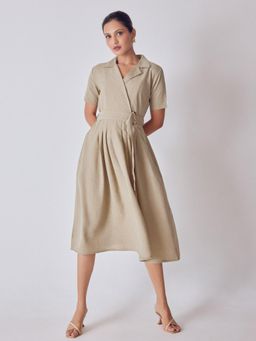 The Label Life - Beige Lapel Collar Belted Dress