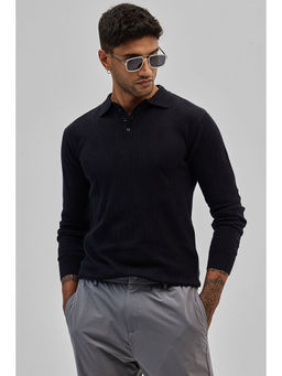 Snitch - Black Self-Design Polo T-Shirt