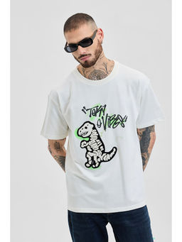 Snitch - Dino White Graphic Oversized Fit T-Shirt