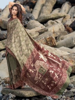 Akhilam - Women's Dola Silk Olive Digital Print Designer Saree with Unstitched Blouse