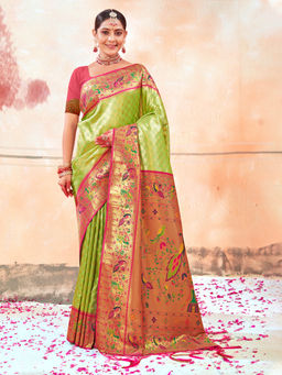 Sangam Prints - Mhendi Green Paithani Silk Woven Work Traditional Tassels Saree with Unstitched Blouse