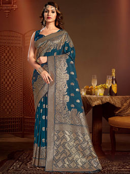 Sangam Prints - Navy Blue KanJivaram Silk Woven Work Traditional Tassels Saree with Unstitched Blouse