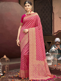 Sangam Prints - Pink PAITHANI SILK Woven Zari Work Traditional Tassle Saree with Unstitched Blouse