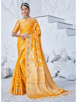 Sangam Prints - Yellow Silk Siroski Stone Work Traditional Tassels Saree with Unstitched Blouse
