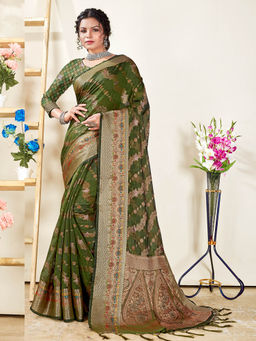 Sangam Prints - Green Patola Silk Woven Work Traditional Tassle Saree with Unstitched Blouse