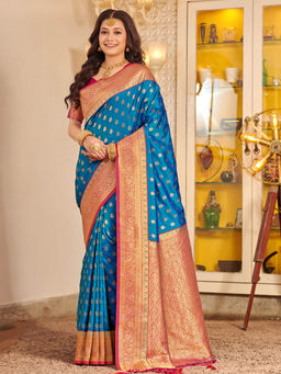 Sangam Prints - Rama Blue KanJivaram Silk Woven Work Traditional Tassle Saree with Unstitched Blouse
