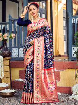 Sangam Prints - Navy Blue Banarasi Silk Woven Zari Work Traditional Saree with Unstitched Blouse