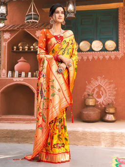 Sangam Prints - Yellow KanJivaram Silk Woven Work Traditional Tassle Saree with Unstitched Blouse