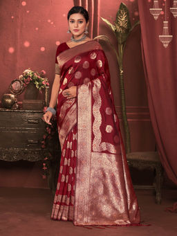 Sangam Prints - Maroon KanJivaram Silk Woven Work Traditional Tassle Saree with Unstitched Blouse