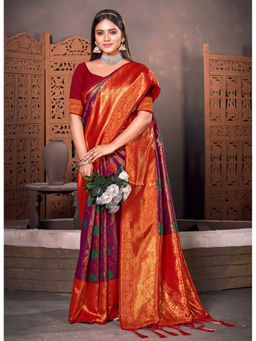 Sangam Prints - Purple KanJivaram Silk Woven Work Traditional Tassle Saree with Unstitched Blouse