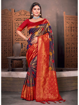 Sangam Prints - Navy Blue Banarasi Silk Woven Work Traditional Tassels Saree with Unstitched Blouse