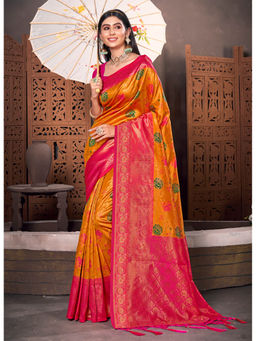 Sangam Prints - Mustard KanJivaram Silk Woven Work Traditional Tassle Saree with Unstitched Blouse
