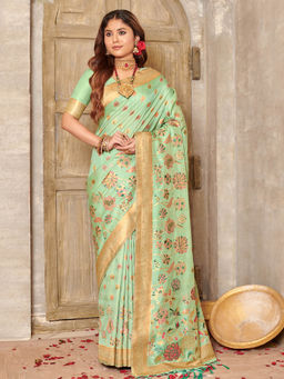 Sangam Prints - Green Banarasi Silk Woven Work Traditional Tassels Saree with Unstitched Blouse