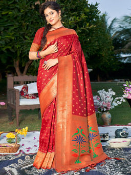 Sangam Prints - Red Banarasi Silk Woven Work Traditional Tassels Saree with Unstitched Blouse