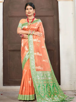 Sangam Prints - Orange Banarasi Silk Woven Work Traditional Tassels Saree with Unstitched Blouse