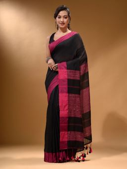 Arhi - Black Cotton Handspun Soft Pompom Saree with Unstitched Blouse