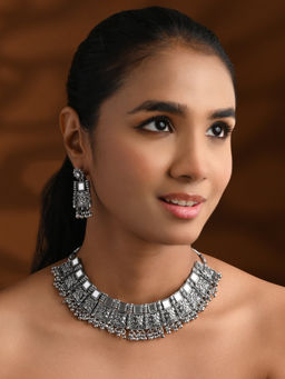 I Jewels - Silver Oxidized Traditional Afghani Choker Set