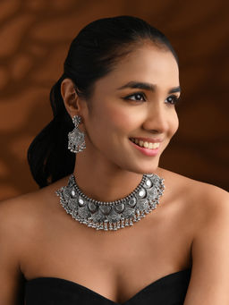 I Jewels - Silver Oxidized Traditional Afghani Choker Set