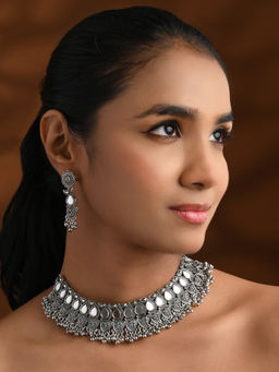 I Jewels - Silver Oxidised Mirror Work Ghungroo Choker Necklace Jewellery Set