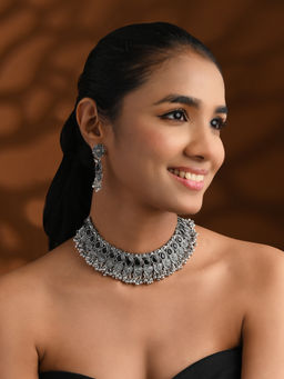 I Jewels - Black Stones Silver Oxidised Ghungroo Choker Necklace Jewellery Set